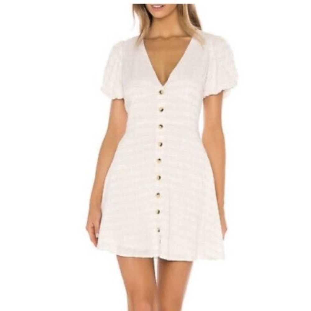 L*SPACE Sabrina Coverup Cream Gold Stripped Puff Sleeve Mini Dress Size Small
